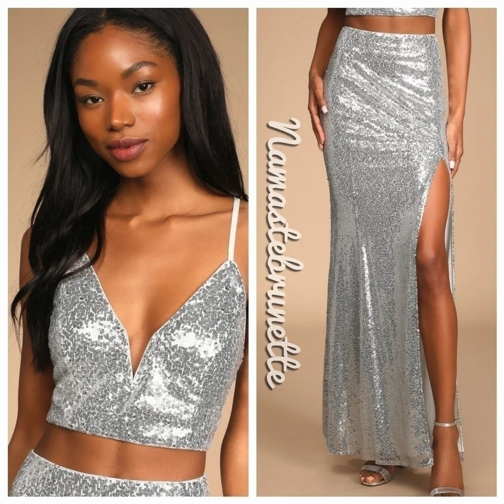 Nwt Lulu's Spotlights Shining Silver Sequin Two-Piece Maxi Dress - Picture 2 of 14